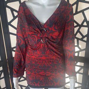 Jaclyn Smith Red and Black Patterned Blouse